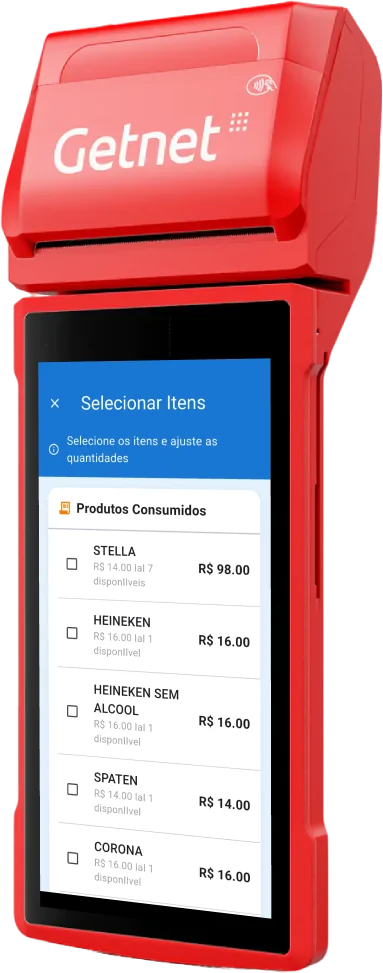 Pagalee rodando em maquininha Getnet, na tela de seleção de itens da comanda