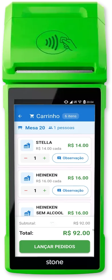 Pagalee rodando em maquininha Stone, com o carrinho da mesa 20 aberto